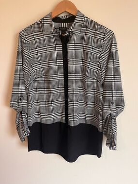 Talbot's Women's Houndstooth Popover Blouse Top Black and White Corpcore Size S